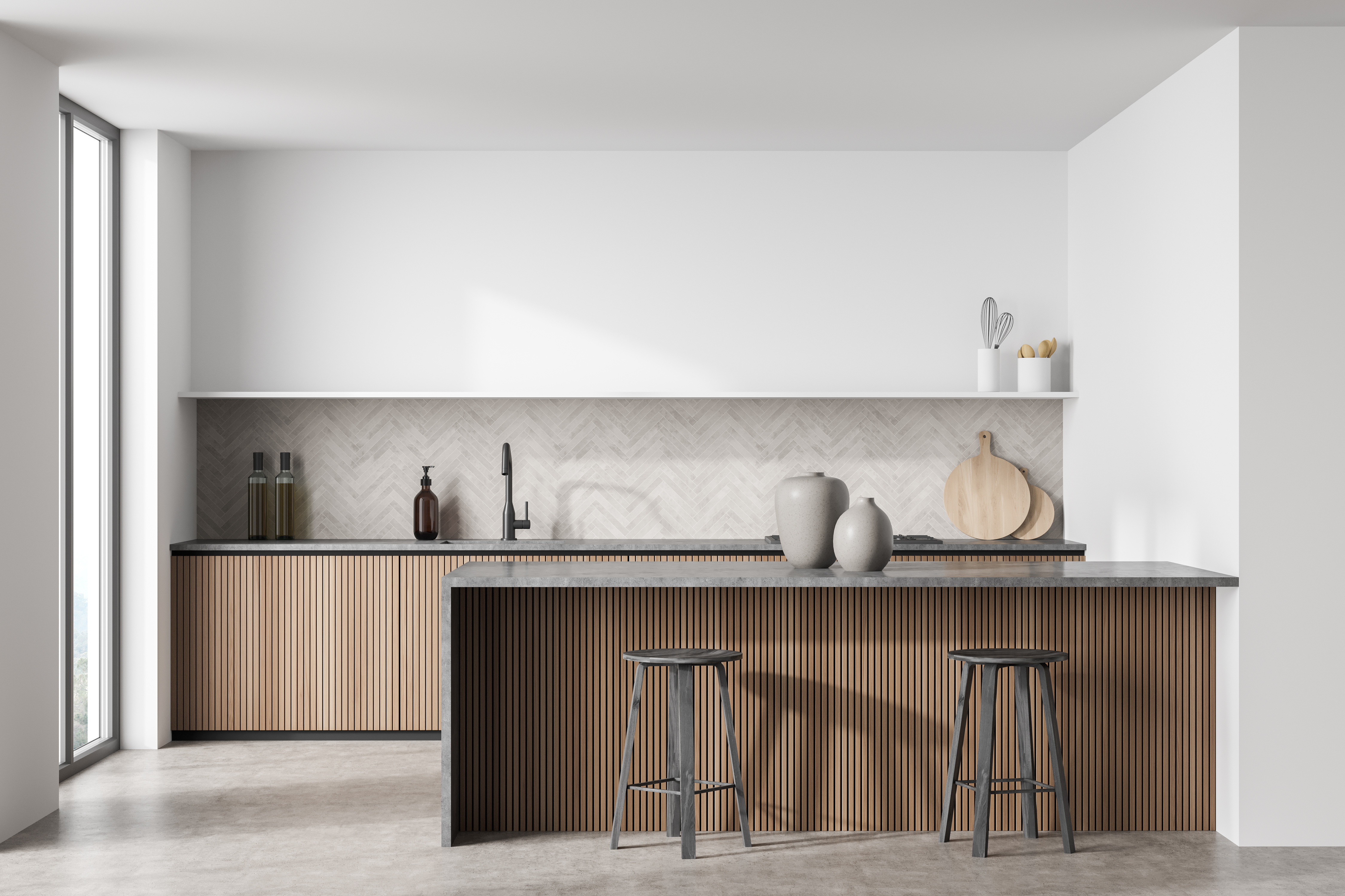 Breakfast bar and minimalist white and wood kitchen